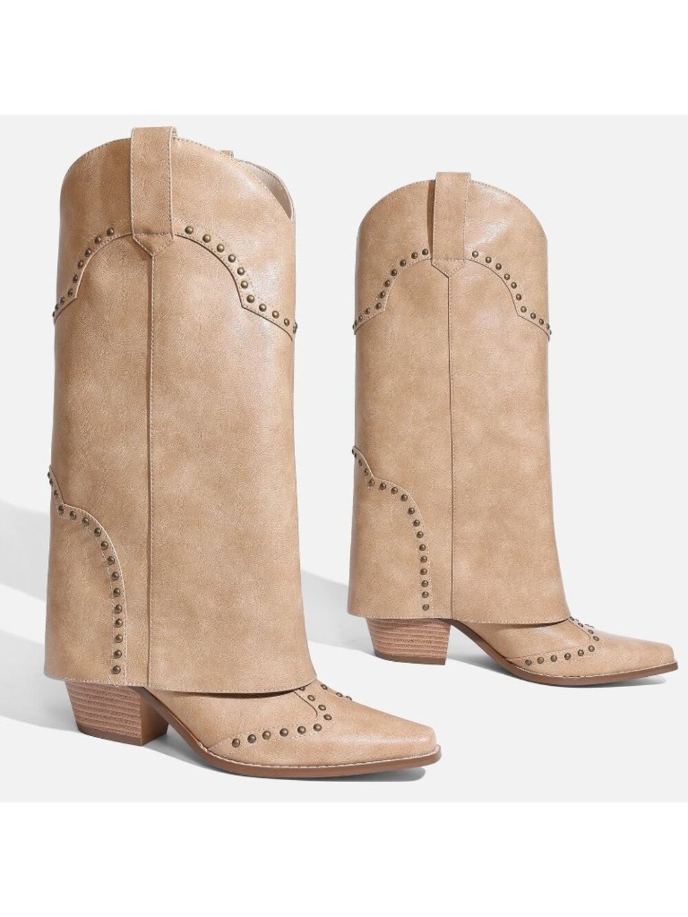 Women's Beige Faux Leather Over Boot Knee High Chunky Heel Snip Toe Cowgirl Boot - Picture 5 of 7